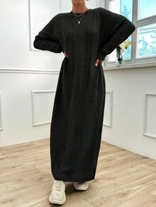 EURMUSE 女士落肩长袖纯色长款休闲针织毛衣连衣裙，秋冬 - 黑色 - 查看 4