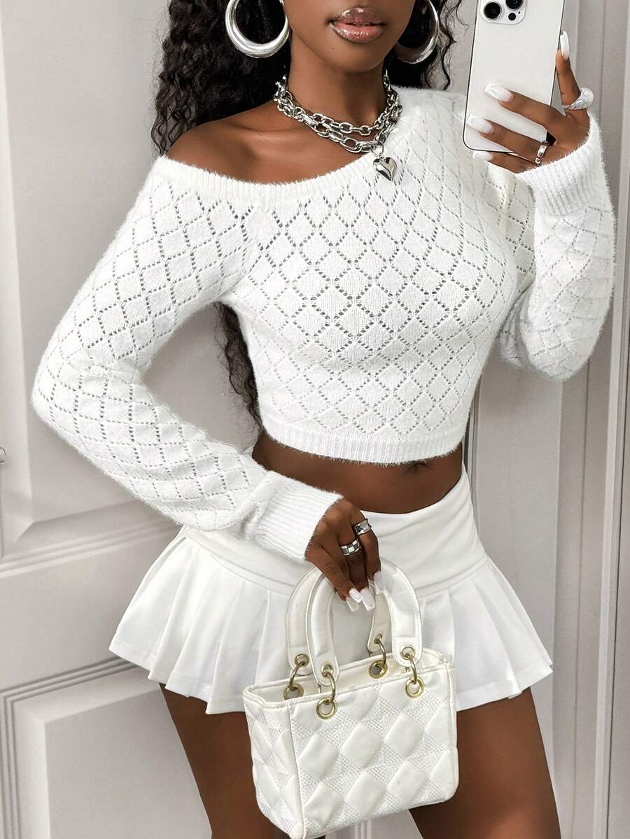 Sirith Women's Autumn/Winter New Oblique Shoulder Fuzzy Argyle Knit Pullover Sweater - White - View 1