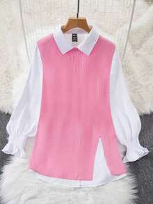 INAWLY 女士春季两件套灯笼袖白色衬衫上衣和宽松下摆针织背心毛衣套装 - 粉色 - 查看 3