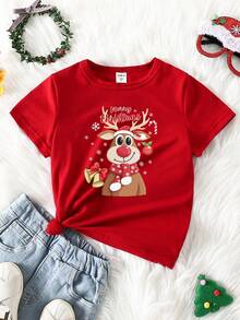 SHEIN 圣诞节圣诞快乐服装女孩休闲时尚创意卡通可爱驯鹿蝴蝶结卡通图案印花基本款短袖T恤 - 黑色 - 查看 2