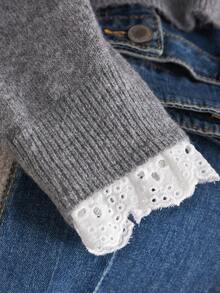 CosyJoli Plus Size Casual Lace Patchwork Embroidered Raglan Sleeve Pullover Sweater/Winter - Grey - View 5