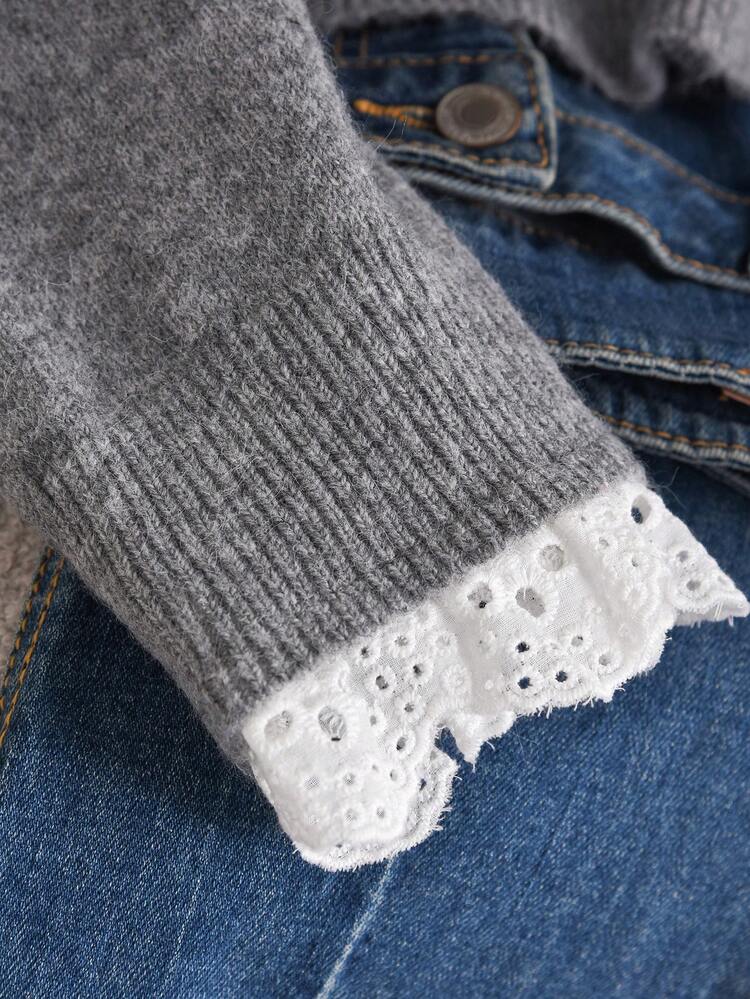 CosyJoli 大码休闲蕾丝拼布刺绣插肩袖套头衫 - 灰色 - 查看 5