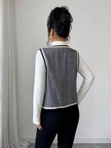 SHEIN Clasi Women's Round Neck Open Front Sleeveless Herringbone Tape Trim Jacket, Suitable For Office, Shopping, Commuting And Other Occasions, Carnival Night - Grey - View 2