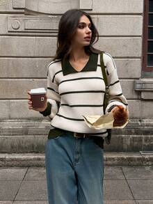 SHEIN Unity Áo len cổ tròn họa tiết sọc dệt kim dày - Nhiều màu - Xem 4