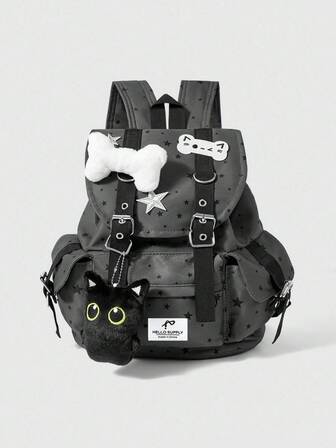 Grunge Punk Zaino nero stile punk con stampe a zampa di gatto, ossa e stelle, colori a contrasto, multi-tasche, di stile casual e di moda, di grande capacità, adatto per pendolarismo e scuola, unisex