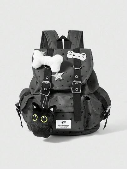 Grunge Punk حقيبة ظهر سوداء بطبعات متباينة لكف القطة والعظم والنجوم، بتصميم بنمط بانك، متعددة الجيوب، حقيبة كاجوال كبيرة السعة مناسبة للتنقل والمدرسة، مناسبة للجنسين