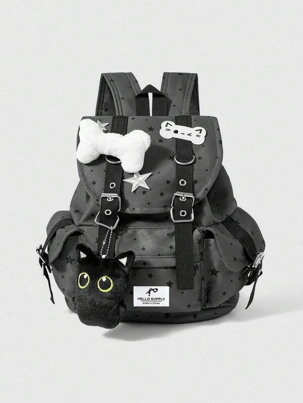 ROMWE Grunge Punk Punk Style Cat Paw, Bone, Star Print Contrast Color Multi-Pocket Black Backpack, Fashionable Casual Unisex Large Capacity Bag Suitable For Commuting, School