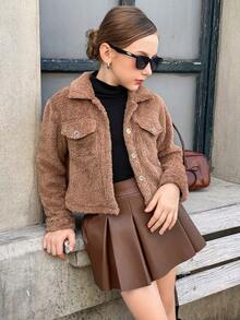 青少年女孩休闲时尚街头风格翻盖口袋羊毛夹克，秋冬 - 卡其色 - 查看 7