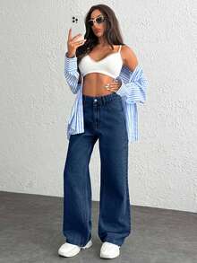 EURMUSE Damen Jeans mit hoher Taille und weitem Bein in Snow Wash - Königsblau - Übersicht 3