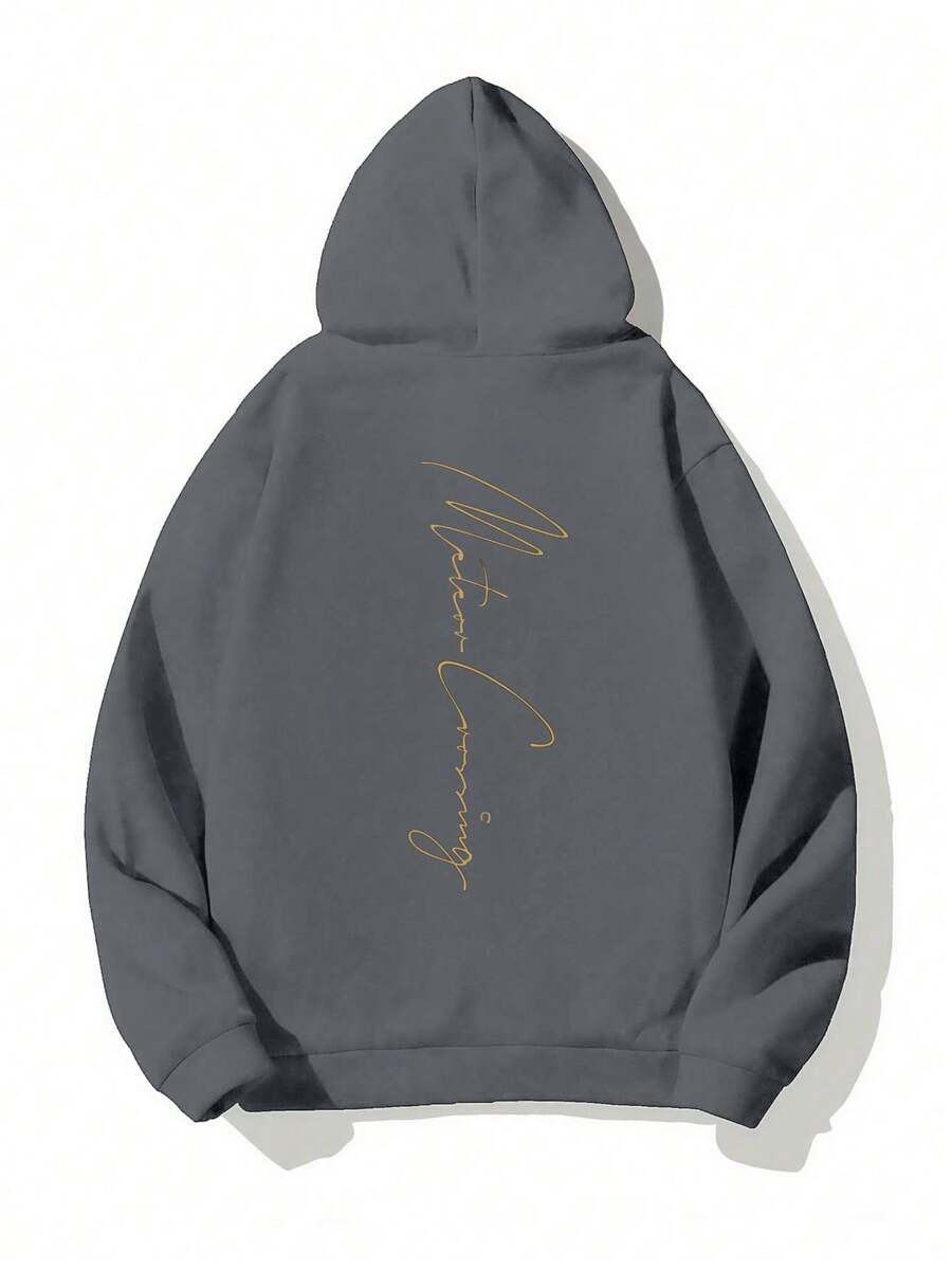 EURMUSE 100%Cotton Men Slogan Graphic Kangaroo Pocket Drawstring Hoodie - Grey - View 1