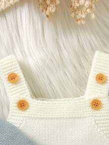 SHEIN Bộ 2 áo len xanh lá cây cho bé sơ sinh: Áo khoác cardigan cổ tròn tay dài có túi + Quần yếm sọc có dây đeo - Màu xanh nhạt - Xem 4