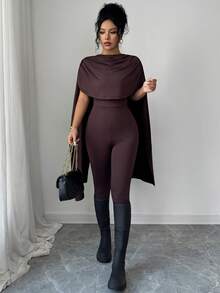 Rafferiza Women's Dark Brown Elegent Party Jumpsuit,Summer Shawl Collar Cape-Style High-Waisted Chic Two-Way Poncho Design Flowing Drape Retro Clothing - Coffee Brown - View 4
