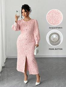 Elenzga Plus Size Women Elegant Jacquard Textured Round Neck Puff Sleeve Button Decor Fitted Front Slit Dress - Pink - View 1