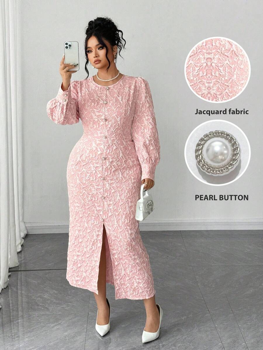 Elenzga Plus Size Women Elegant Jacquard Textured Round Neck Puff Sleeve Button Decor Fitted Front Slit Dress - Pink - View 1