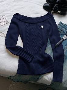 Comfortcana Plus Size Embroidered Twist Crew Neck Long Sleeve Sweater Jumper For Woman Women Sweater Women Sweaters Navy Blue Sweater Autumn Winter Clothes For Women Women Sweater Women Sweaters,Fall,Fall Clothes For Women - Navy Blue - View 3