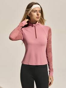 Easithlete 女士户外高领半拉链T恤衫/上衣，秋冬季 - 珊瑚橙 - 查看 1