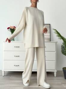 EURMUSE Women's Solid Color Stand Collar Raglan Sleeve Sweater And Knitted Relaxed Fit Pants Set, Fall Winter - Beige - View 5