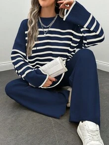 EURMUSE 2pcs Women Casual Striped Round Neck Dropped Shoulder Long Sleeve Sweater & Knit Pants Set, Autumn/Winter - Navy Blue - View 4