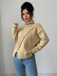 SHEIN Elenzya Women's Turtleneck Ribbed Slit Casual Elegant Pullover Sweater, Autumn/Winter - Apricot - View 3