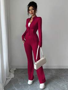 INAWLY Bộ 2 món áo crop top bó sát có khóa kéo và quần ống loe cho nữ - Màu Đỏ Sâu - Xem 6