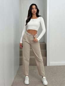 SHEIN Tall 女式高腰口袋直筒宽松休闲百搭牛仔裤 - 米色 - 查看 1