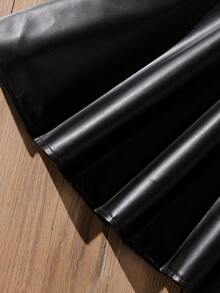 Sparklyn 复古法式女童PU皮革高腰百褶裙，时尚百搭 - 黑色 - 查看 7