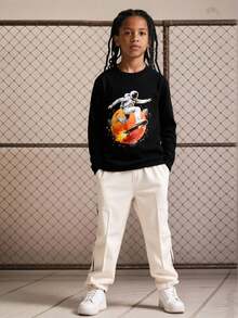 Explorewe Tween Boy Casual Cartoon Astronaut Skateboard Print Crew Neck Long Sleeve T-Shirt Fall Winter - Black - View 1
