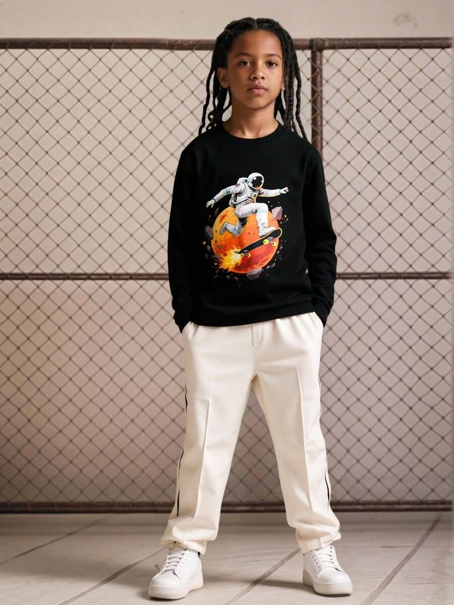 Explorewe Tween Boy Casual Cartoon Astronaut Skateboard Print Crew Neck Long Sleeve T-Shirt Fall Winter - Black - View 1