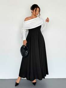 Firerie Plus Size Elegant Sophisticated Romantic Charming Formal Off-Shoulder Ruched Drawstring Waist A-Line Flare Hem Bodycon Long Sleeve Dress, Suitable For Dates, Parties, Balls, And Everyday Wear, New Design For Autumn/Winter - Black and White - View 5