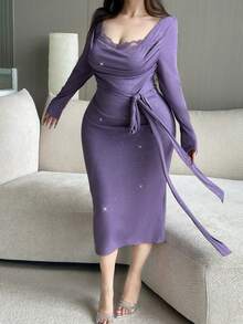 Flirla Vibekara-D Plus Size Women's Elegant Vintage Plunging Neck Fitted Long Sleeve Purple Autumn Birthday Dress, Belted Waist Cocktail Party Dress - Purple - View 4