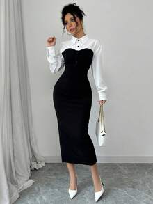 SHEIN PETITE Black & White Patchwork Contrast Color Long Sleeve Fitted Midi Shirt Dress, Slimming & Bodycon Maxi Women Outfit