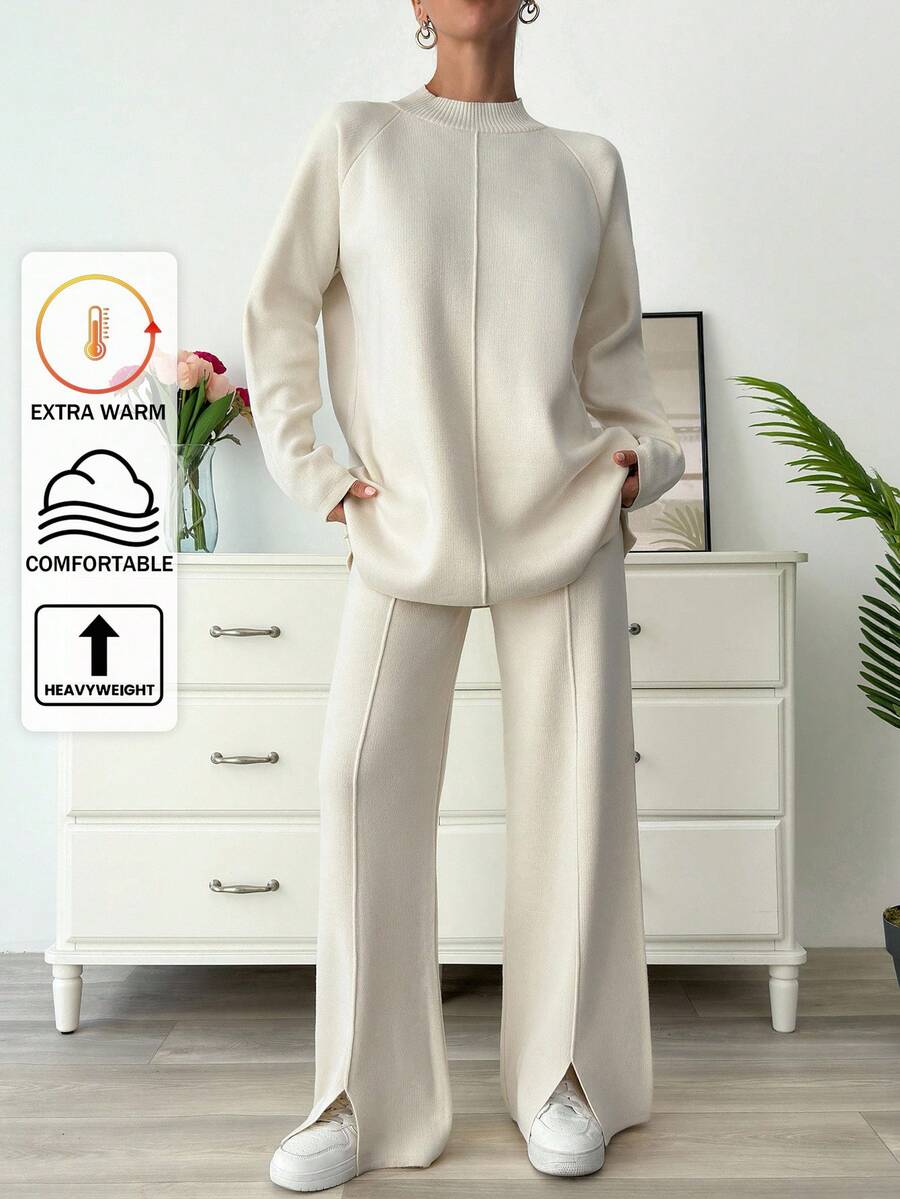 EURMUSE Women's Solid Color Stand Collar Raglan Sleeve Sweater And Knitted Relaxed Fit Pants Set, Fall Winter - Beige - View 1