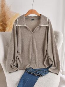 CosyJoli Plus Size Casual Lace Patchwork Polo Collar Ruched Side Seam Ribbed Texture Knit Pullover T-Shirt - Apricot - View 4