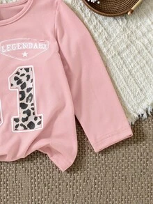 SHEIN 3 件女童字母印花修身长袖 T 恤，甜美休闲百搭百搭套装，秋季 - 彩色 - 查看 4