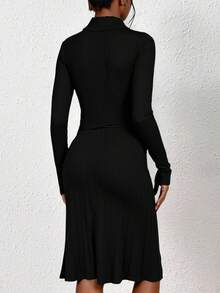 SHEIN Tall Belted Detailed Rib-Knit Solid Color Casual Frenchy Sweater Dress - Black - View 2