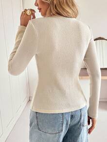 Siren Gaze Women's Cream White Elegant T-Shirt,V-Neck Metal Decor Long Sleeve Ribbed Slim-Fit Stretch Top,Autumn Everyday Modest Casual Top For Office & Brunch - Apricot - View 2