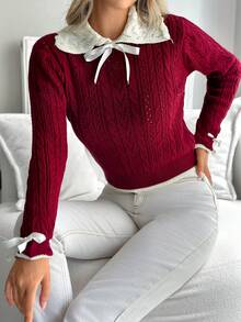 EURMUSE Women Sweater Elegant With Bow Detail - Burgundy - View 6