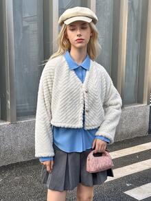 Teen Girls' Fashionable Fluffy Button Jacket - Beige - View 4