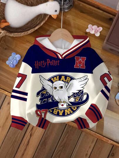 HARRY POTTER X SHEIN 小女孩卡通猫头鹰图案拼色连帽长袖卫衣