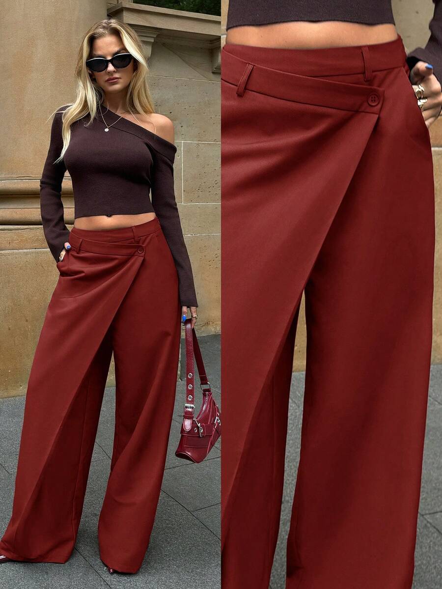 Forever 21 女不对称休闲阔腿裤女士时尚办公室通勤百搭高腰高端不对称阔腿西装裤 - 酒紅色 - 查看 1