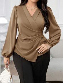 Modelyn Plus Size Solid Color Minimalist V-Neck Long Sleeve Shirt, Casual Everyday Wear - Khaki - View 1