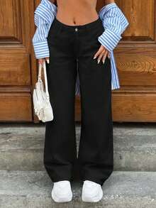 SHEIN Cottnline WOMEN LOOSE LOW WAIST WIDELEG EVERYDAY CASUAL JEAN - Black - View 4