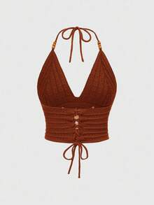 ROMWE Hippie 波西米亚风夏日嬉皮度假风眼睛、月亮和星星刺绣串珠针织上衣 - 鏽棕色 - 查看 4