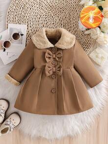 SHEIN 女婴仿毛领蝴蝶结装饰风衣，秋冬款 - 咖啡棕 - 查看 5