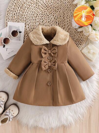 SHEIN Abrigo de trinchera para niñas bebé con cuello de piel sintética y decoración de lazo, para otoño/invierno