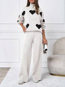 SHEIN Tall 2pcs/Set Casual Heart Pattern High Neck Sweater - Apricot - View 6