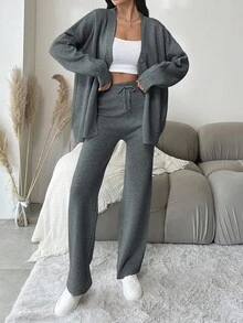 EURMUSE Women's Solid Button Front Cardigan And Wide Leg Knit Pants Set - Dark Grey - View 3