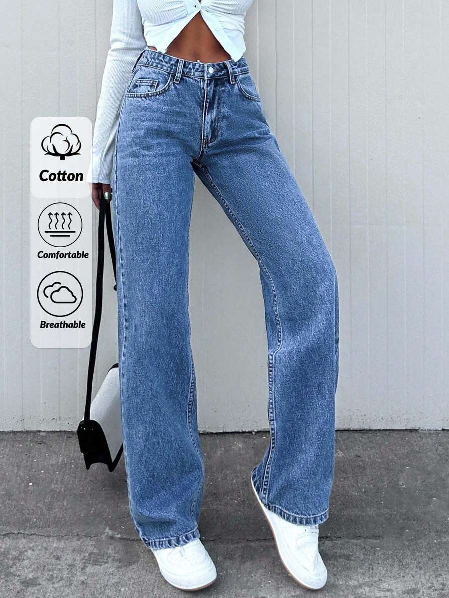 SHEIN Tall Jeans rectos de 100% algodón para mujer, talla alta - Azul - Ver 1