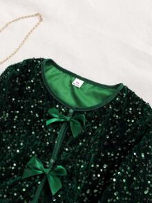 Tween Girl Sequin Patchwork Bow Decor Round Neck Long Sleeve Jacket - Dark Green - View 3