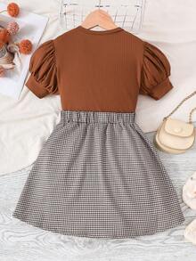 Sparklyn 女孩羅紋針織泡泡袖T恤和格紋百褶半身裙不附帶包 - 彩色 - 查看 2